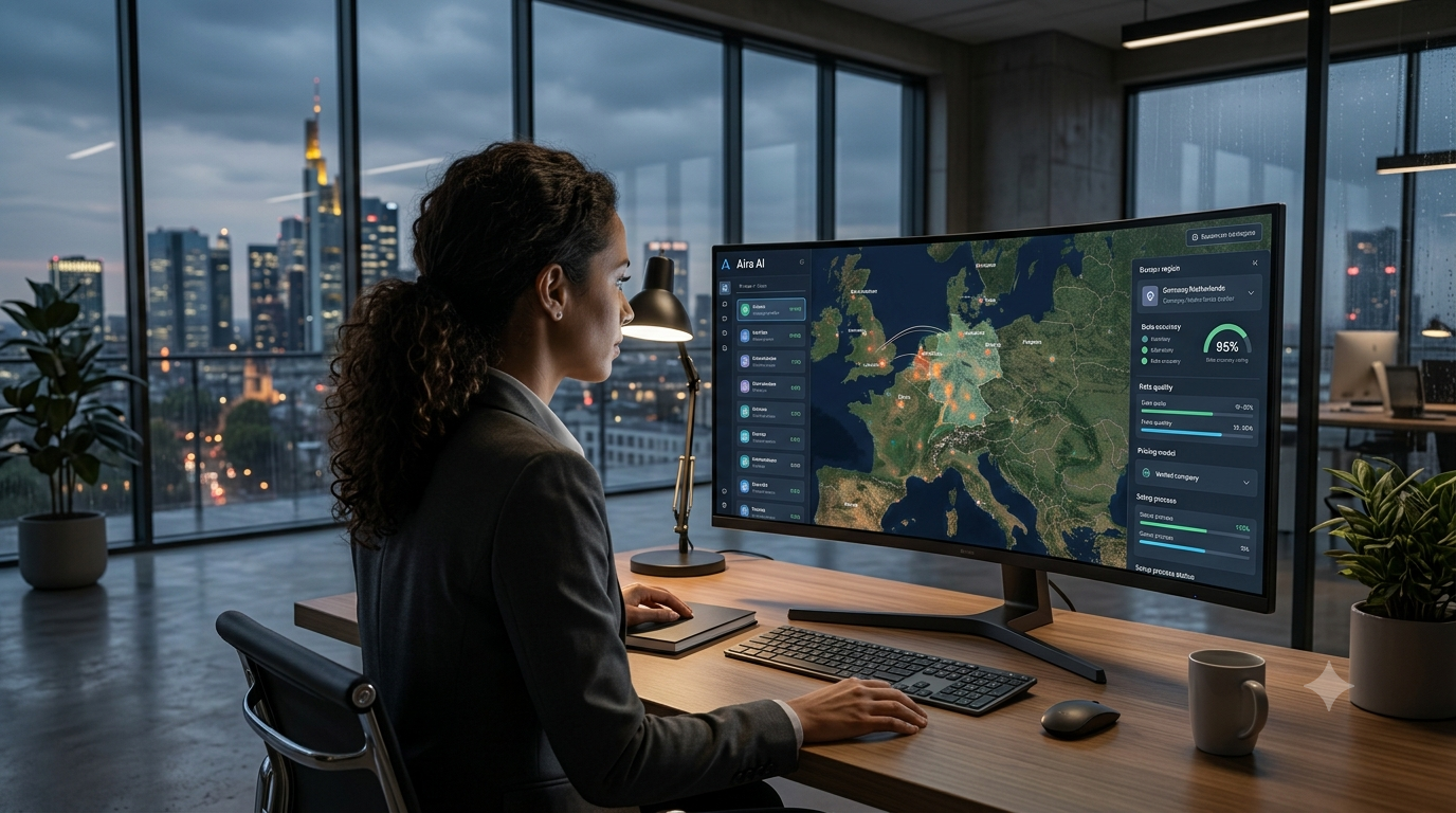 A business analyst at a curved monitor displaying European market data and intelligence in a modern high-rise office at twilight.