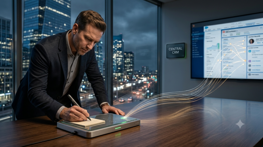 A professional writing notes during an evening meeting, with a visual data stream connecting local notes to a central CRM dashboard.