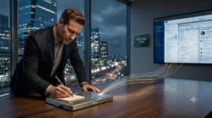 A professional writing notes during an evening meeting, with a visual data stream connecting local notes to a central CRM dashboard.