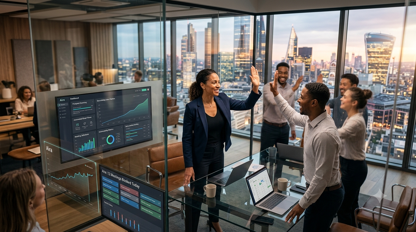 An ultra-realistic 4K commercial photograph from an elevated perspective inside a luxury glass-walled corporate office at twilight. A confident female sales director and her team are celebrating their automated outbound pipeline success with smiles and high-fives. Transparent glass screens seamlessly integrated into the room display active data visualizations, showing a soaring growth chart and metrics like '12 Meetings Booked Today'. The background features a glowing major city skyline through floor-to-ceiling windows, capturing an energetic, victorious, and premium business atmosphere.