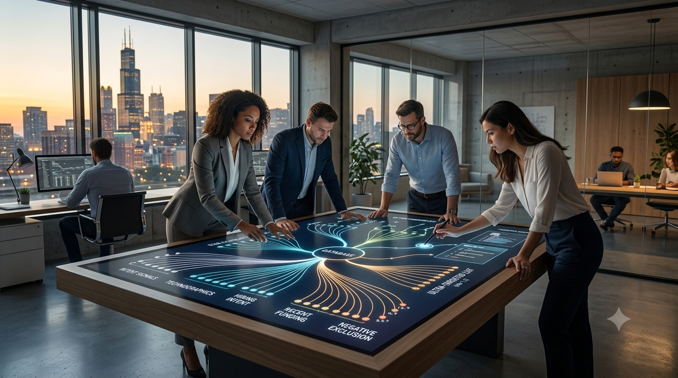 An ultra-realistic 4K professional corporate photograph from an open corner angle inside a modern sales workspace at dusk. A focused multi-ethnic team of four B2B lead generation specialists stands clustered around a large horizontal smart table. The digital touchscreen surface displays a bright, intricate data mapping hub branching into five explicit advanced filtering nodes: 'Intent', 'Technographics', 'Job Postings', 'Funding', and 'Negative Matching'. An analyst uses a stylus pen to narrow down an exact targeted lead list. Through the expansive office windows behind them, a dramatic sunset highlights a major metropolitan skyscraper skyline, while another colleague works in the background area. The image quality features a soft cinematic depth of field, sharp textures, and premium magazine-level lighting.