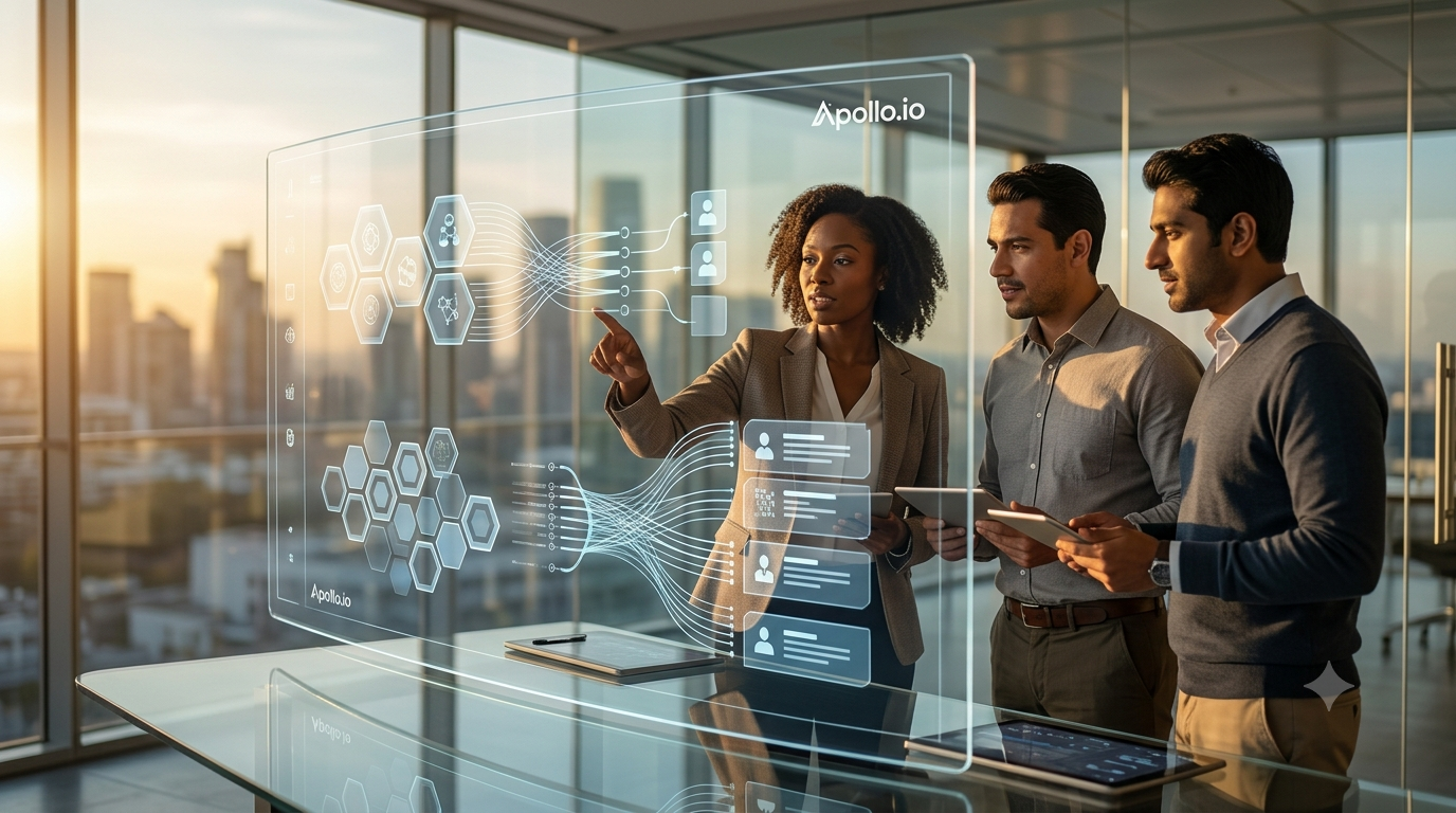 A premium, wide-angle commercial photograph of a diverse RevOps team collaborating in a sleek technology lab at golden hour, interacting with a transparent data visualization panel that shows clean semantic flows and database enrichment charts.
