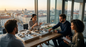 A professional business team analyzing architectural-style physical models representing Basic, Professional, and Organization software pricing plans on a wooden boardroom table during golden hour.