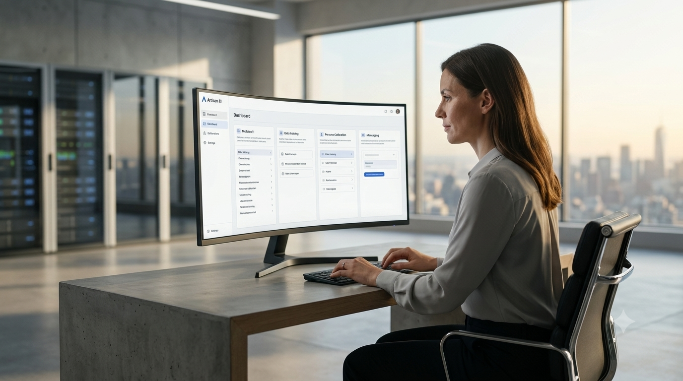 A premium, ultra-realistic commercial photograph of a female RevOps professional sitting at a minimal concrete desk in a corporate high-rise office during sunset, carefully configuring parameters on a curved monitor interface to train an autonomous AI sales agent.