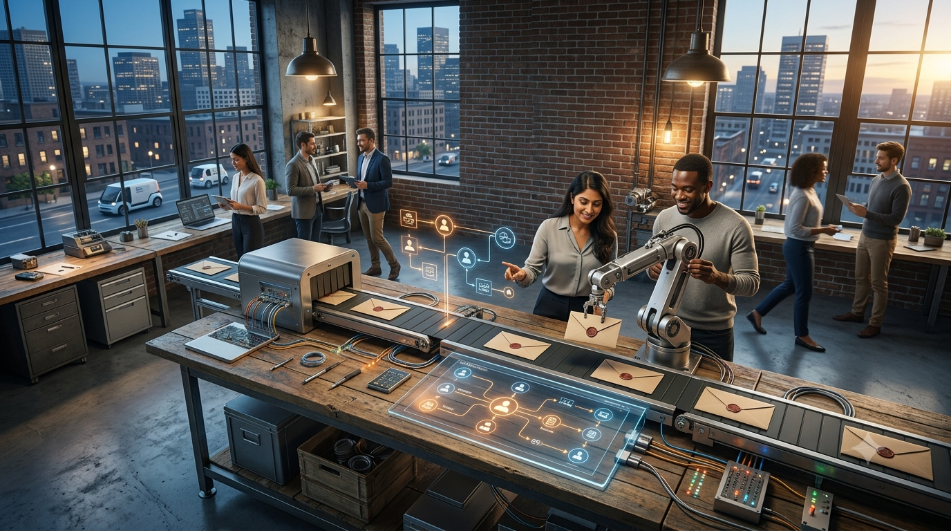 Sales team managing automated B2B prospect workflows using an AI SDR platform in a modern urban office