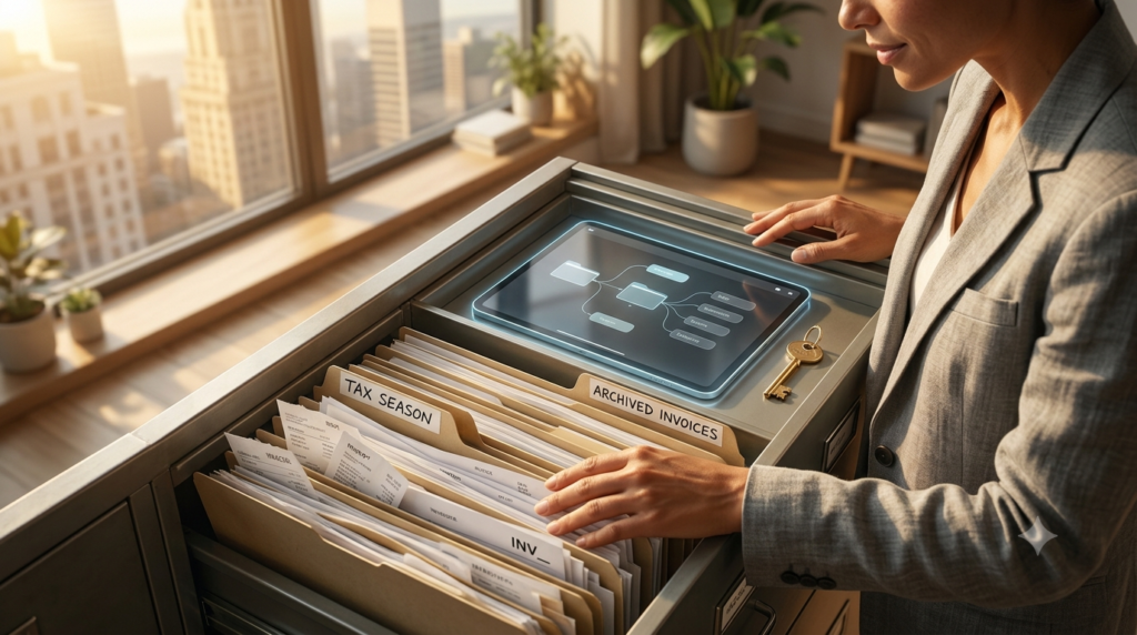 A professional woman organizing documents in a physical filing cabinet next to an integrated digital workflow display in a high-rise office.