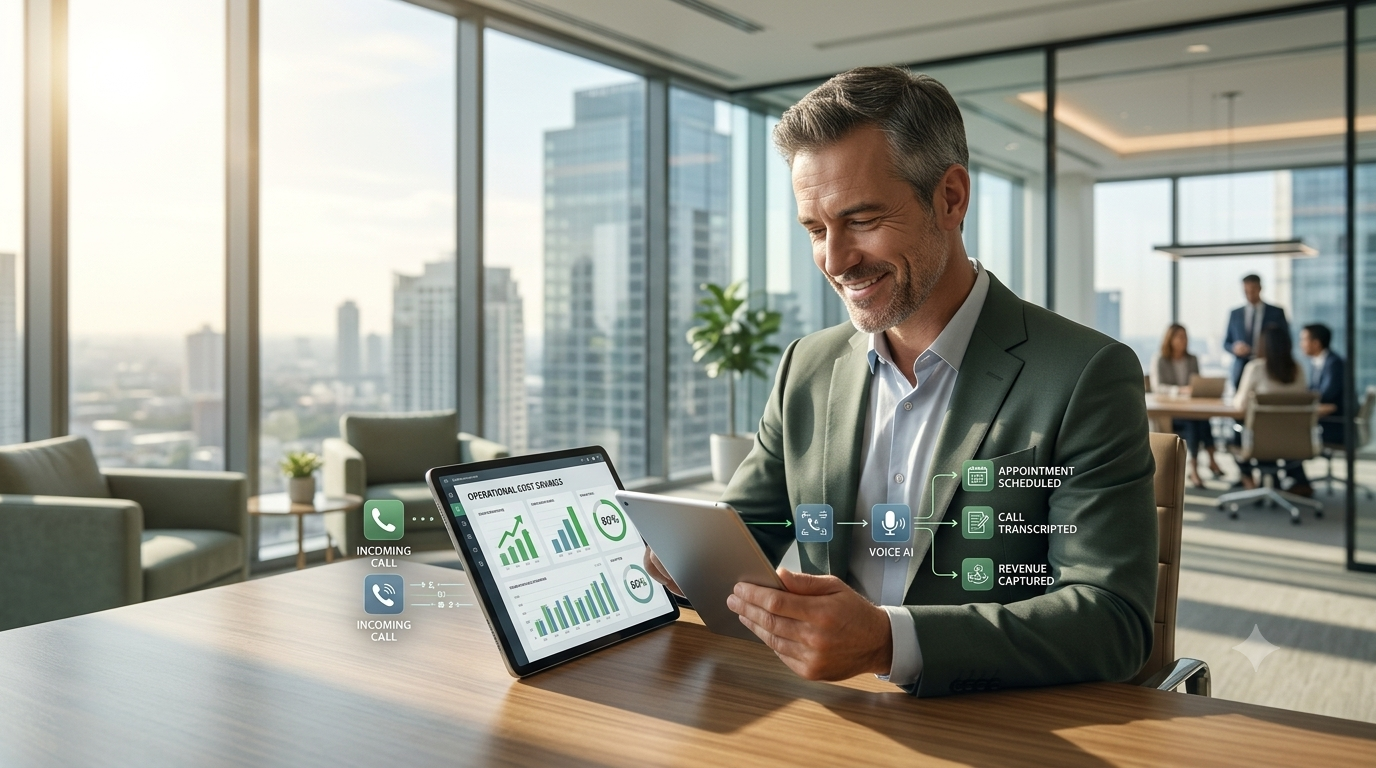 A premium 4K commercial-style photograph showing a relaxed, smiling male business owner sitting at a wooden desk in a bright, modern glass-walled office. He is holding a sleek tablet that interfaces with an open laptop display showing financial charts labeled with cost savings metrics like '80%'. Infographic elements on the screen illustrate a phone call workflow converting 'INCOMING CALL' via 'VOICE AI' into 'APPOINTMENT SCHEDULED' and 'REVENUE CAPTURED'. In the soft-focused background, a meeting takes place near large windows overlooking a city during clear morning daylight. The layout offers balanced composition with empty space on the left side for a potential blog title overlay.