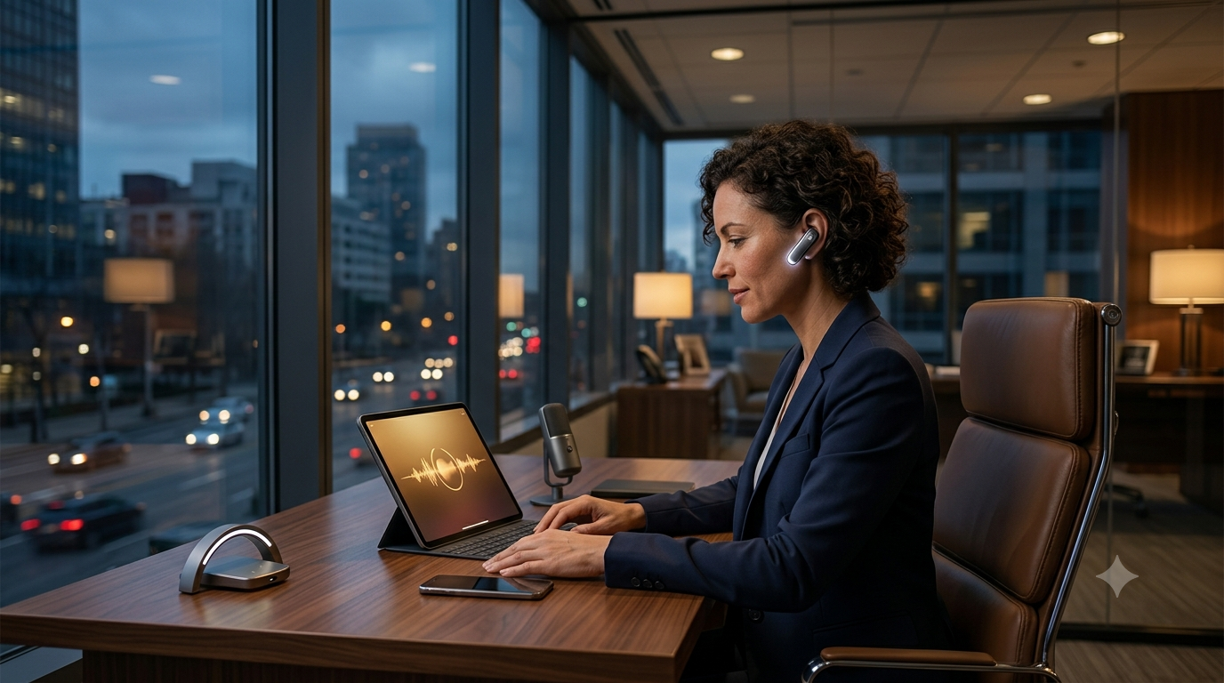 A professional businesswoman working seamlessly in a premium corner office during twilight hours, managing an automated after-hours AI voice agent on a tablet, symbolizing continuous 24/7 business operations.