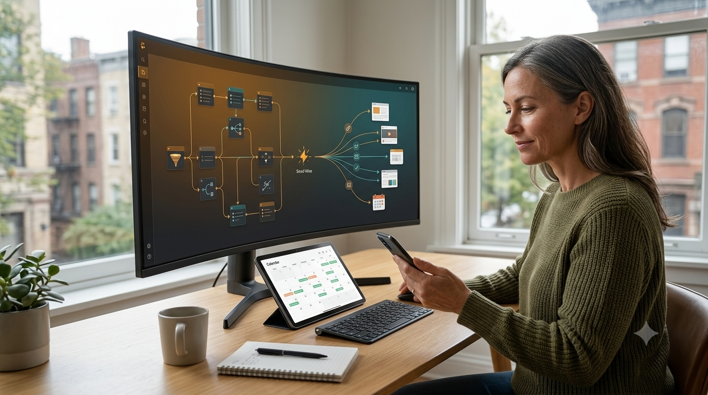 A professional, ultra-realistic 4K studio overhead photograph of a modern creative marketing workspace desk, featuring a creative professional analyzing automated workflows on a laptop and a specialized digital tablet simultaneously. The laptop displays complex branching automation logic, while the tablet next to it presents a streamlined digital content calendar with visual indicators showing automatically scheduled multi-platform campaigns. Integrated AI systems visualize connected modules. Strategic empty space is preserved on the left for a blog title overlay, without generic robots or floating UI elements. Natural morning sunlight and shadows create a sophisticated, cinematic atmosphere. DSLR camera quality, professional composition.