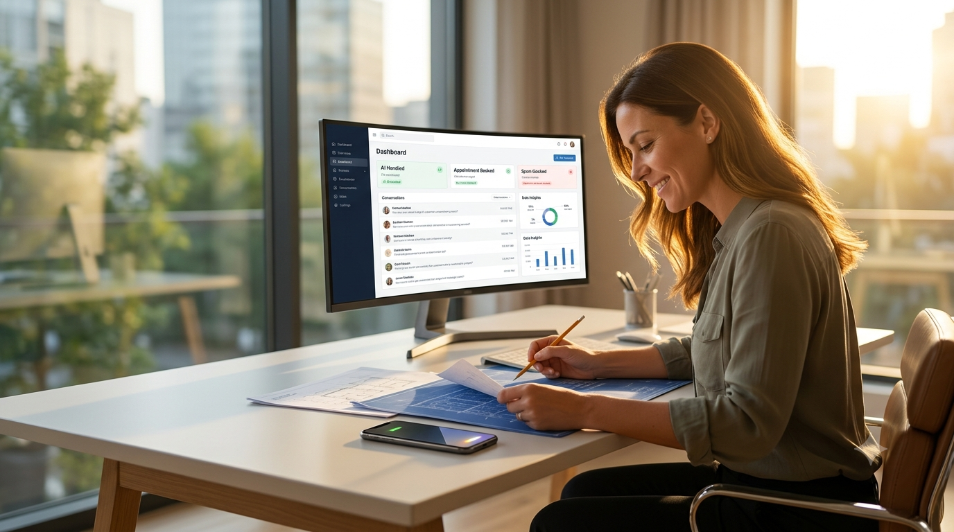 A premium 4K commercial photograph in an elegant home office capturing a female solo contractor deeply focused on project blueprints, pencil in hand, smiling. Natural golden hour sunlight streams through a large window, illuminating her profile and the rich wood and paper textures. Her smartphone rests silently on the desk, not ringing, with a subtle notification light indicating a caught message. In the background, a widescreen monitor displays a clean, data-focused dashboard interface showing "AI Handled" and "Appointment Booked" entries, subtly referencing an automated AI answering service solution. Composition is over-the-shoulder, providing a strong focal point and strategic empty space for a blog title overlay. High dynamic range and cinematic depth of field. Shot on a Sony A1, professional commercial photography quality.