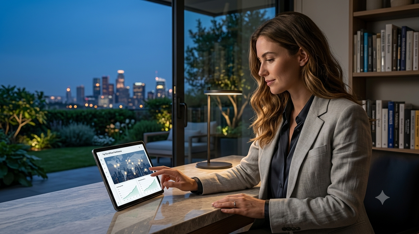 A business professional evaluates an abstract global affiliate performance dashboard on a minimalist desk display at twilight.