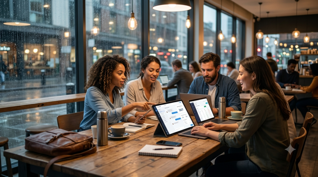 A diverse team of professionals reviewing an AI lead qualification dashboard on a tablet while sitting together in a warm, modern coffee shop.