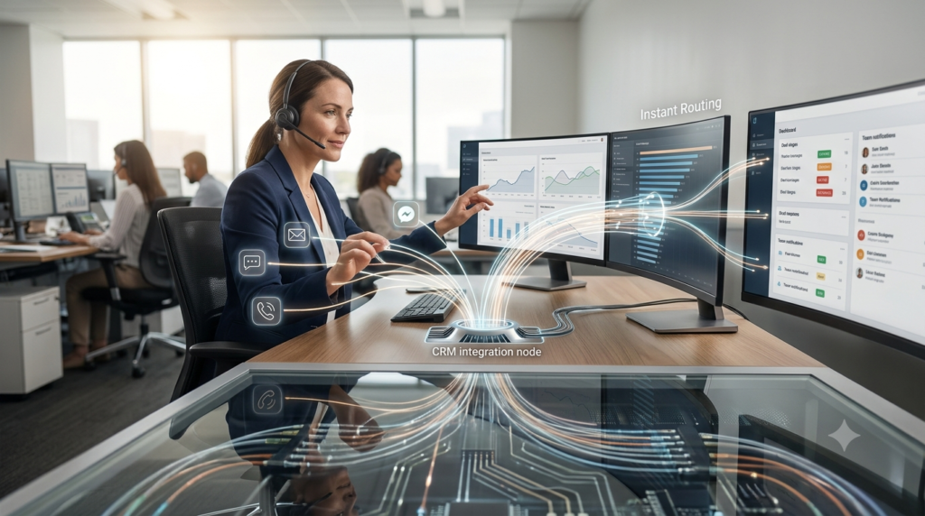 A customer service agent with a headset working at a multi-monitor desk in a modern office, featuring a visual data flow of leads being instantly routed into a CRM.