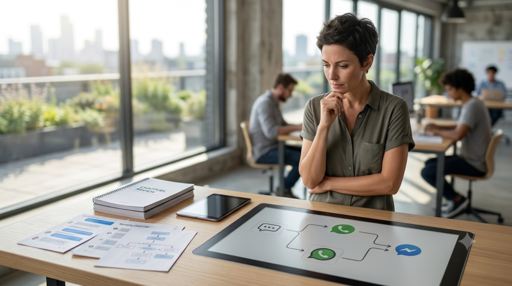 A professional female designer analyzing automated messaging flow charts for WhatsApp and Messenger on a digital table screen in a bright creative studio.