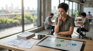 A professional female designer analyzing automated messaging flow charts for WhatsApp and Messenger on a digital table screen in a bright creative studio.