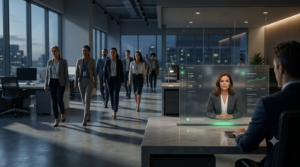 An over-the-shoulder view in a modern enterprise office showing a professional AI avatar on a transparent workstation display, while traditional sales reps walk away in the background.