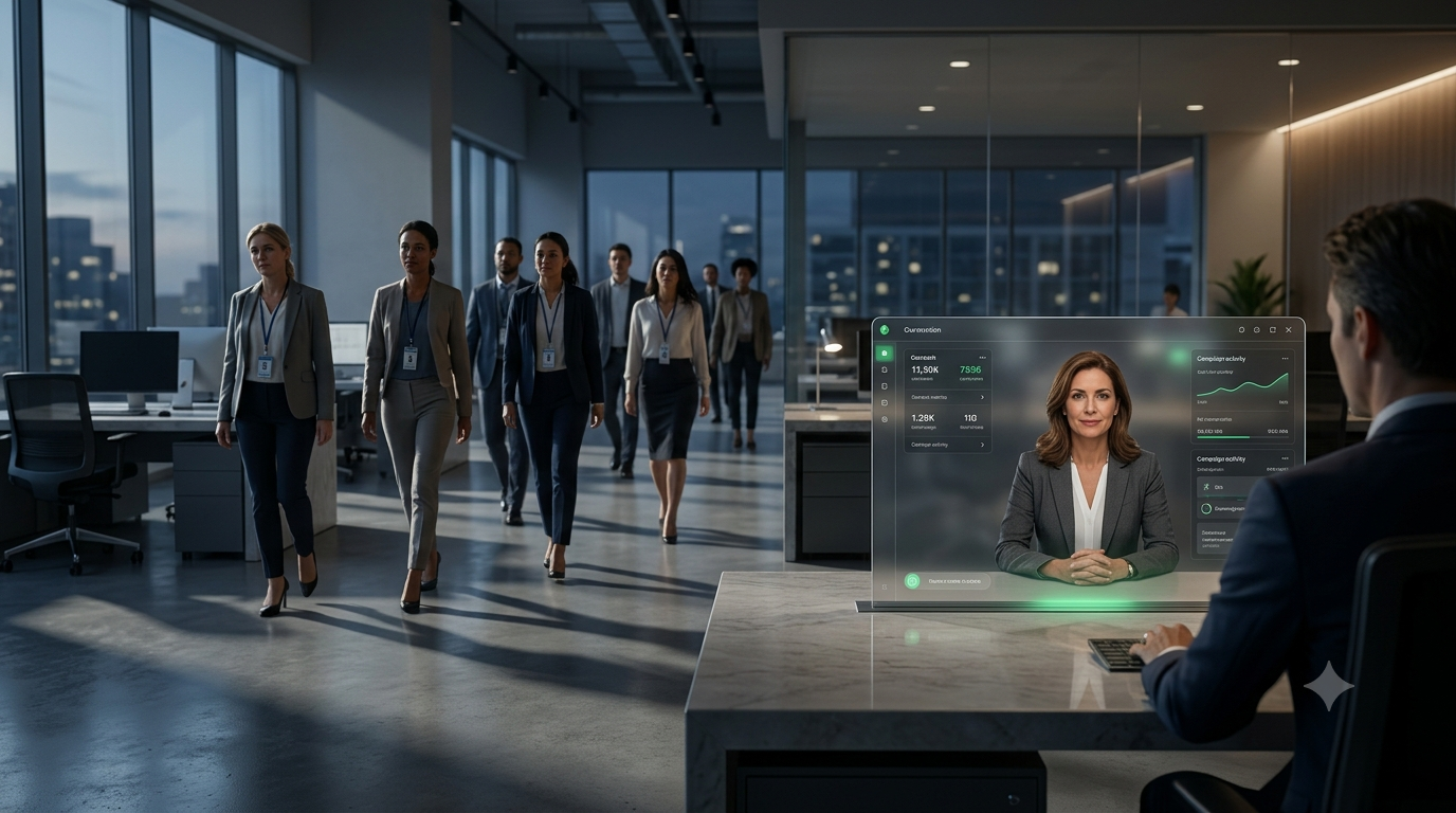 An over-the-shoulder view in a modern enterprise office showing a professional AI avatar on a transparent workstation display, while traditional sales reps walk away in the background.