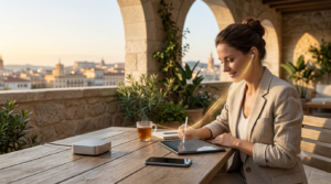 A professional woman working calmly on a tablet at a wooden table on a beautiful stone terrace during sunset, showing a minimal smart base unit handling incoming phone calls seamlessly in the background.