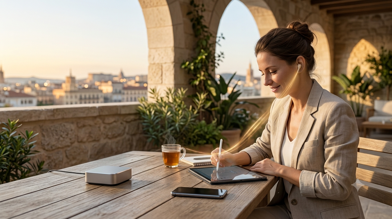 A professional woman working calmly on a tablet at a wooden table on a beautiful stone terrace during sunset, showing a minimal smart base unit handling incoming phone calls seamlessly in the background.