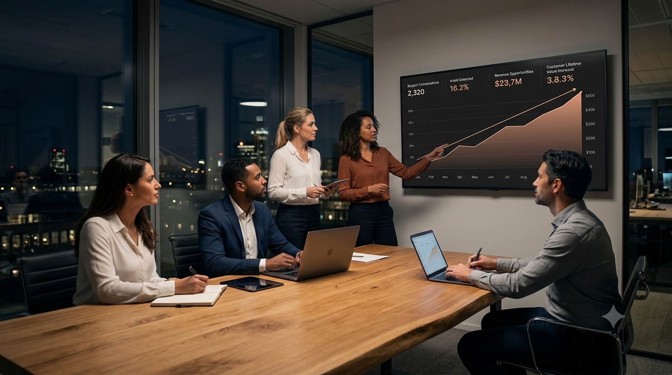 A premium, wide-angle commercial photograph of a diverse e-commerce executive team in a high-end corporate meeting room at night, analyzing a large wall display showing upward-trending sales conversion metrics and growth insights with cinematic depth of field.