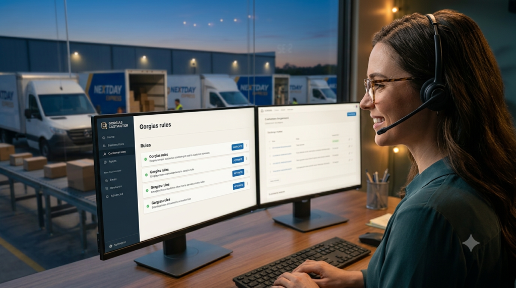 An e-commerce support agent smiling at her dual-monitor desk setting up Gorgias automation rules with a modern warehouse fulfillment center in the background.