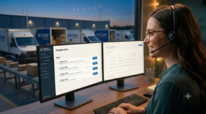 An e-commerce support agent smiling at her dual-monitor desk setting up Gorgias automation rules with a modern warehouse fulfillment center in the background.