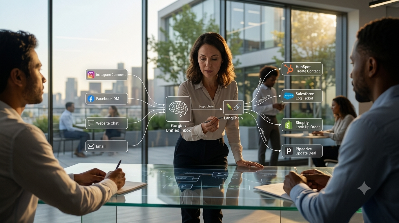 An ultra-realistic 4K commercial advertisement photograph inside a sophisticated modern e-commerce headquarters at sunset. A female operations lead and two diverse male colleagues stand around a large, transparent glass smart table, interacting with a complex visual workflow diagram etched directly into the glass. The diagram illustrates 'Gorgias Unified Inbox' as a central node, processing incoming requests from 'Instagram Comments', 'Facebook DMs', 'Website Chats', and 'Emails'. Glowing logical connections then branch out to integrated actions such as 'HubSpot Create Contact', 'Salesforce Log Ticket', 'Shopify Look Up Order', and 'Pipedrive Update Deal'. In the warm golden hour background, other professional team members work at distinct workstations with headsets, with a glittering major city skyline visible through expansive windows. The atmosphere is highly technical, innovative, and productive, strictly avoiding cliché robots or floating UI elements. Strategic empty space is left in the upper-left on the window glass for a blog title overlay, preserving the 16:9 composition. Professional DSLR quality.