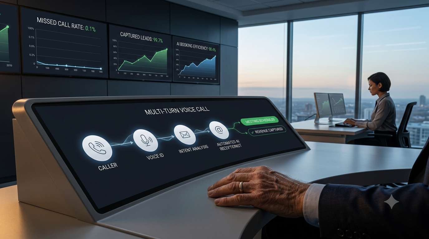 A premium 4K conceptual photograph showcasing an executive control room at twilight. In the foreground, a close-up focuses on the hand of a senior business director resting on a sleek, ergonomic interface console. The console display visualizes a voice call workflow navigating steps labeled 'CALLER', 'VOICE ID', 'INTENT ANALYSIS', and 'AUTOMATED AI RECEPTIONIST', resulting in a green status of 'REVENUE CAPTURED'. Large background displays show positive performance metrics like 'MISSED CALL RATE: 0.1%'. In the background, a female operator works at a separate desk near floor-to-ceiling windows overlooking a soft city skyline. The composition leaves strategic empty space in the upper area for a blog title overlay, away from the core action. Professional magazine composition with cinematic depth of field.