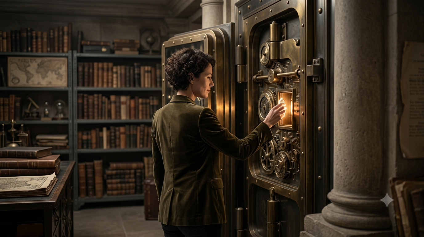 A female strategist in a velvet jacket inserting a glowing key into a massive ornate vault door in an archive library.