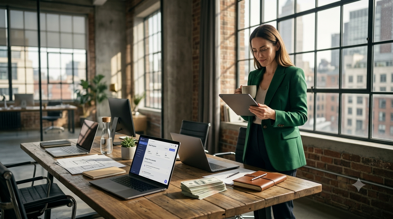 Female sales strategist reviewing cold email outreach campaign performance on a tablet in a modern loft office