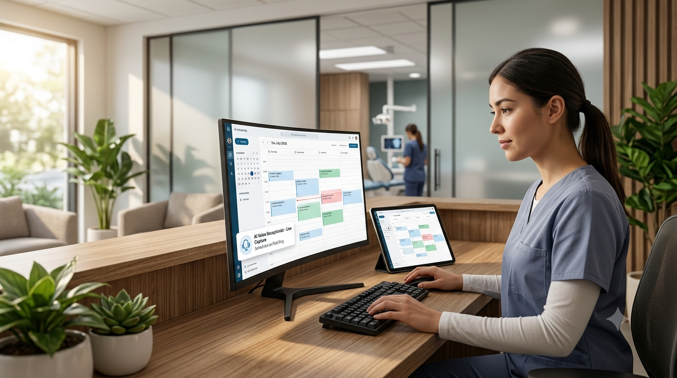 A premium 4K studio photograph of a modern service business reception counter inside a high-end wellness clinic. A focused female receptionist interacts with an active digital booking calendar on a widescreen desktop monitor, while a secondary tablet next to it syncs incoming customer calls live on autopilot. Bright morning sunlight streams through the glass background windows, casting elegant, soft shadows across the wooden desk setup. High dynamic range, professional DSLR camera depth of field, leaving balanced empty space on the left for a text overlay.