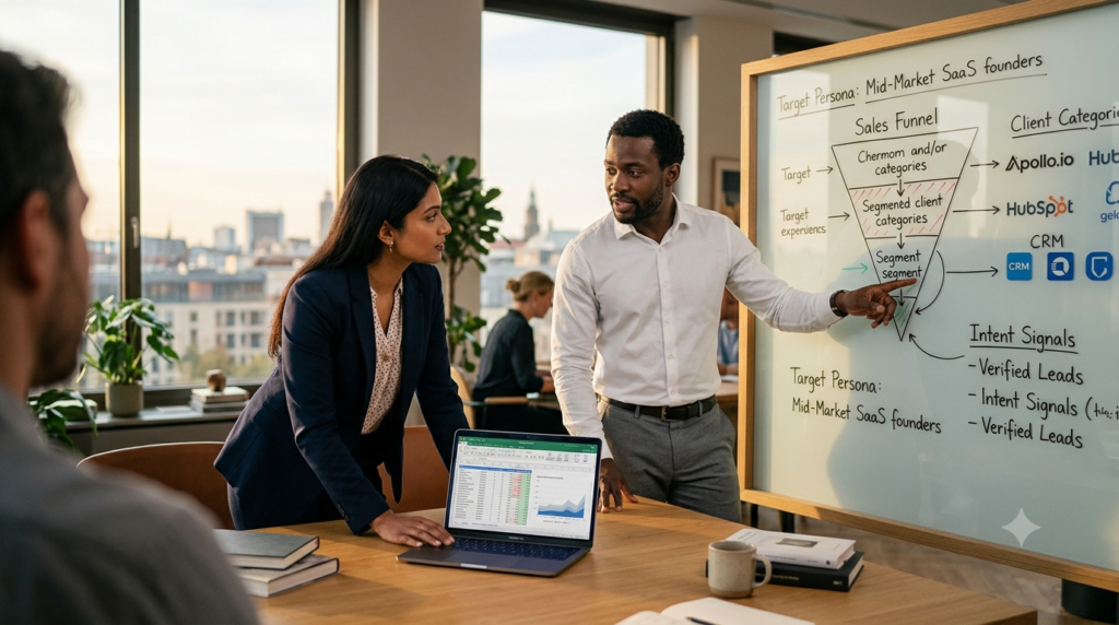 Sales team mapping out a hyper-targeted outbound lead list strategy on a whiteboard in a modern office