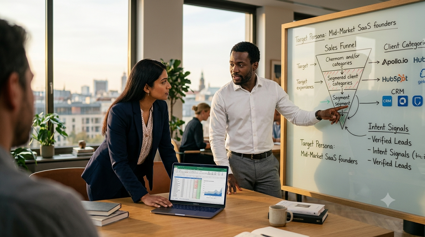 Sales team mapping out a hyper-targeted outbound lead list strategy on a whiteboard in a modern office