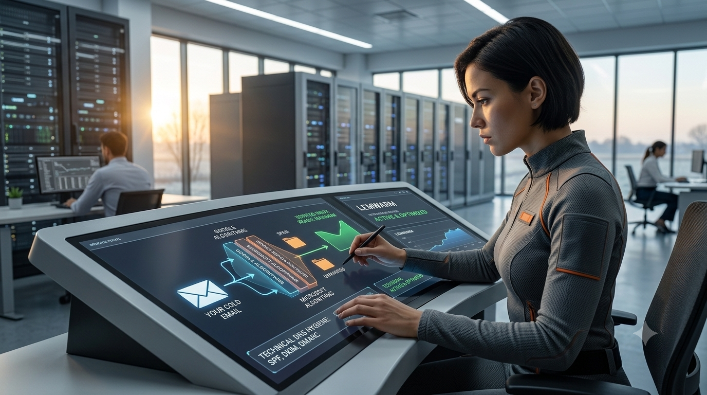 A premium and unique 4K conceptual commercial photograph taken at dawn in a pristine, high-security data center control room. Moving completely away from previous modern offices and large data surge tables, the scene focuses on a single female network deliverability engineer performing a precise configuration. Her expression is one of intense concentration. TheComposition is a cinematic shallow depth-of-field over-the-shoulder portrait, focusing sharply on the back of her hands and a specialized data console. Her face is visible in side profile. The unique interface on her ergonomic console is a streamlined data verification visualization: a message packet labeled 'YOUR COLD EMAIL' is safely guided through a complex algorithmic barrier with multiple layers labeled 'GOOGLE ALGORITHMS', 'MICROSOFT ALGORITHMS', and 'SENDER REPUTATION FILTER', achieving 'VERIFIED INBOX REACH: MAXIMUM' status. The console also shows 'LEMWARM'