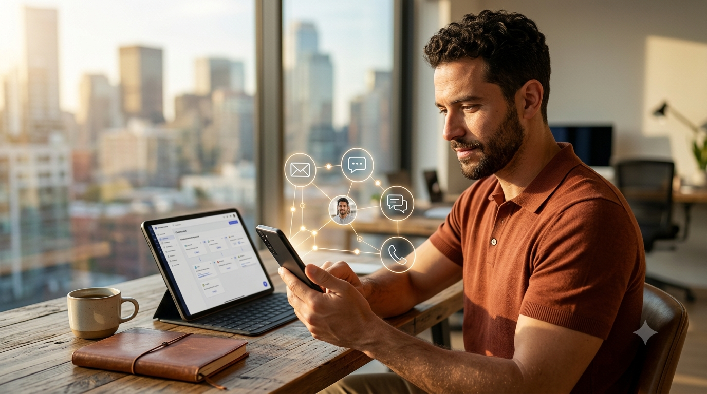 A premium, realistic commercial photograph of a focused sales professional at a wooden desk in a modern city office during morning golden hour, orchestrating an automated multi-channel campaign using a tablet and smartphone with a clean, connected communication workflow interface.