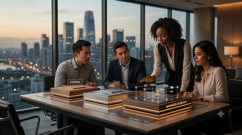 A professional marketing team evaluating physical architectural models representing Email Pro and Multichannel Advanced Outreach software tiers on a boardroom table overlooking a city skyline at dusk.