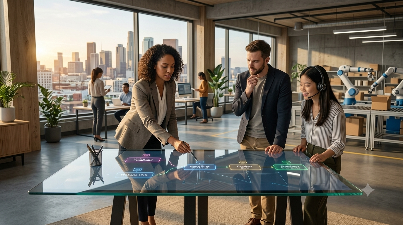 An ultra-realistic 4K corporate commercial photograph inside a spacious modern e-commerce headquarters at sunset. A diverse team of three retail professionals stands around a large, transparent glass interactive table. A woman points a stylus at a visual automated chat workflow displayed directly within the glass surface, showing an Instagram comment trigger branching into product recommendations and completed checkout phases. To the right, automated fulfillment conveyor belts handle packages, while expansive background windows reveal a distant city skyline under warm, golden hour lighting. The composition is balanced, leaves clean strategic empty space on the far left for text overlays, and maintains a premium tech publication aesthetic.