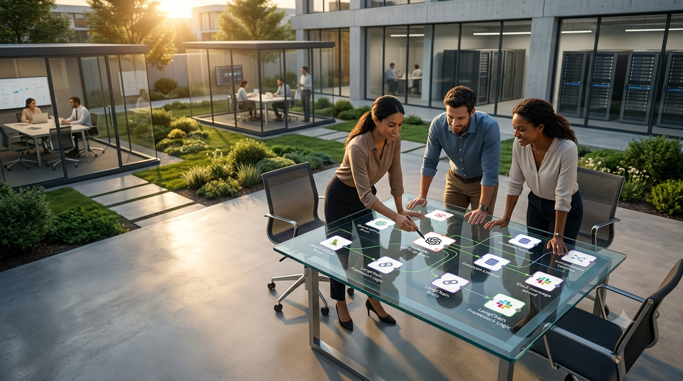 An ultra-realistic 4K commercial photograph taken at golden hour from an aerial perspective looking down into a modern technology laboratory courtyard. A diverse, collaborative team of three technical professionals are gathered closely around a large, transparent glass table. They are deeply focused, smiling, and actively interacting with a real-time, non-holographic n8n visual workflow interface displayed on the glass. One woman uses a stylus to point precisely to complex, distinct LangChain and OpenAI GPT-4o brain nodes within the intricate logic chain. The n8n canvas visuals are detailed and realistic, showing the AI agent's decision-making flow in the 16:9 composition. Behind them, other professionals are blurred through large windows, and modern tech campus architecture with trees is visible. The lighting is warm natural sunset light; textures are detailed, and cinematic depth of field emphasizes the focal team and table. Strategic empty space is left in the lower-left on the concrete pathway for a clean blog title overlay. No text, logos, or watermarks.