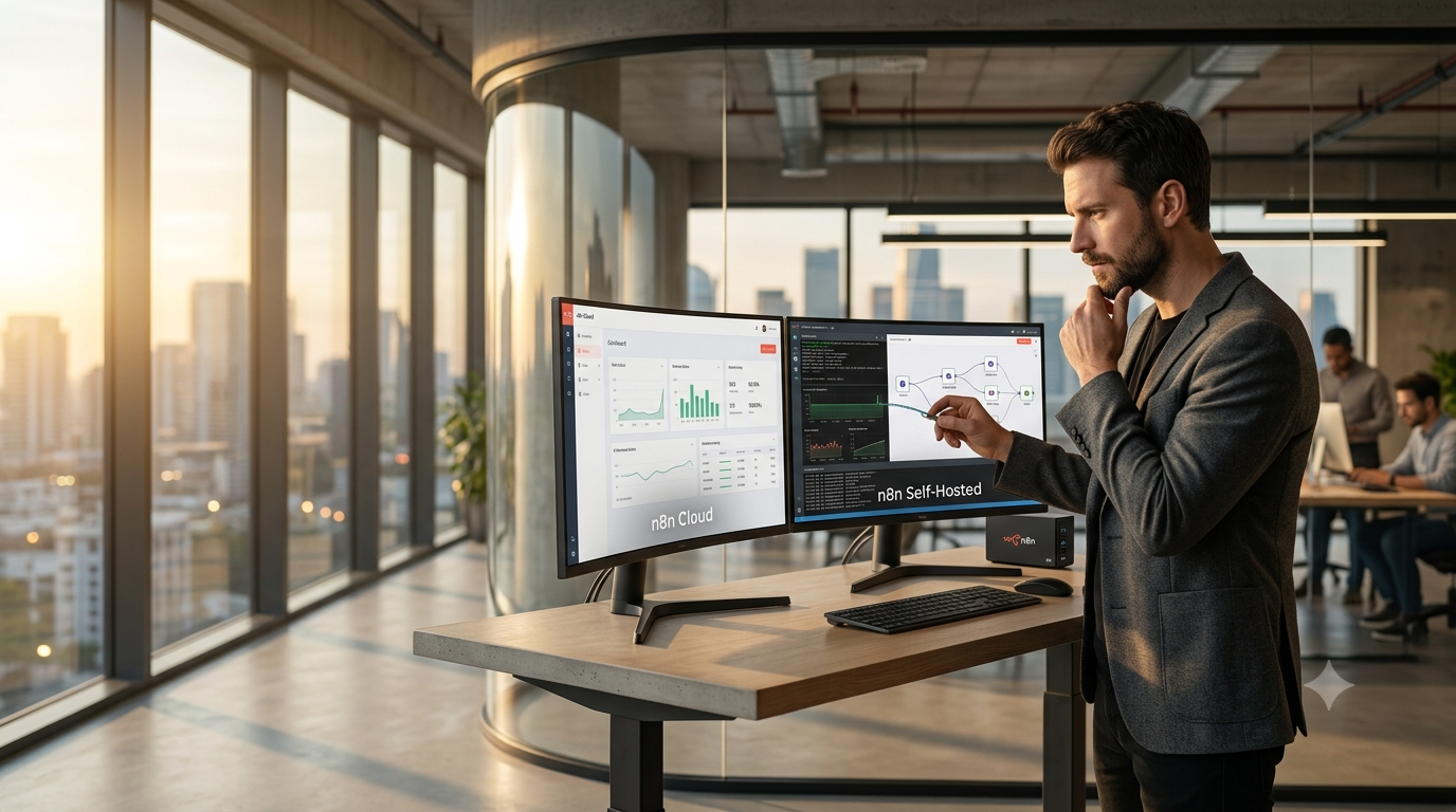 A technical entrepreneur in a modern, light-filled technology lab during golden hour, thoughtfully comparing an n8n Cloud interface on the left monitor with a complex n8n Self-Hosted deployment on the right monitor. The over-the-shoulder perspective captures his analysis, with a blurred tech workspace and city view in the background. Ultra-realistic 4K commercial photography quality, leaving ample strategic space for a blog title overlay.