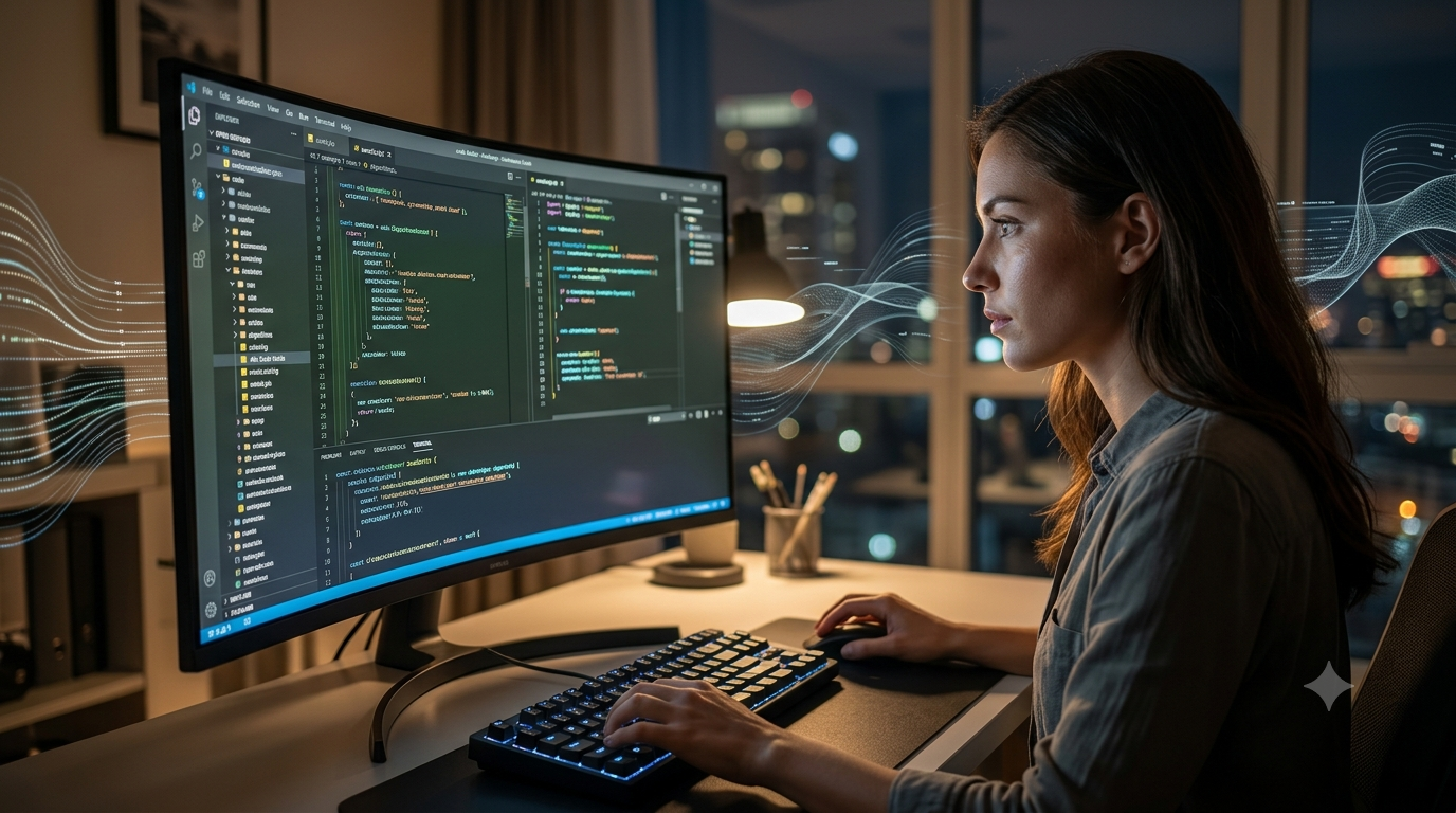 A premium, ultra-realistic photograph in true 4K resolution captures a focused female developer masterfully manipulating intricate code and data structures on a curved monitor within a sophisticated technology lab setting. Detailed skin textures, precise finger movements on a backlit mechanical keyboard, and realistic monitor light reflections define the hyper-realistic DSL-camera look. Code in green, amber, and blue syntax highlighting—specifically featuring n8n Code Node functions in JavaScript and Python—is central to the monitor interface. In the blurred background, other professionals collaborate in a data center environment with servers, while subtle graphical data flows and complex JSON structures are intricately woven into the environment and visualized on screen, avoiding repeated dashboards or generic holographic dashboards. Nighttime city lights through a large window emphasize productivity and deep work. The over-the-shoulder perspective focuses on the professional's mastery, control, and focus. Professional magazine-level composition, balance, and strategic empty space for a blog title overlay. High dynamic range and cinematic conceptual imagery. Shot on Sony A1, award-winning advertising photography quality.