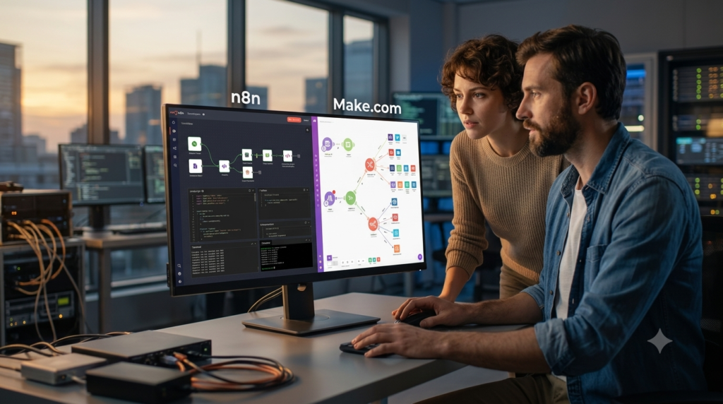 A professional man and woman analyzing side-by-side workflow automation interfaces of n8n and Make.com on a large monitor in a modern tech workspace at sunset.