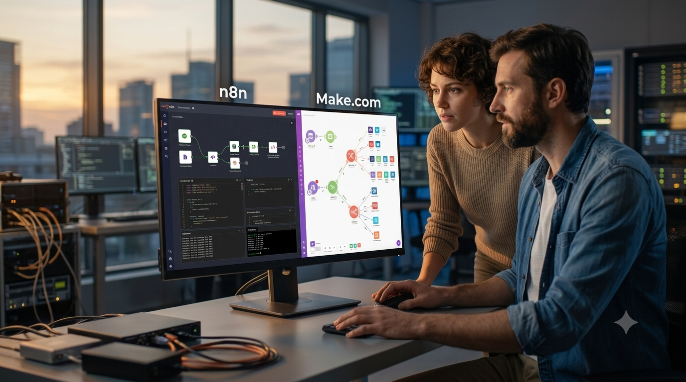 A professional man and woman analyzing side-by-side workflow automation interfaces of n8n and Make.com on a large monitor in a modern tech workspace at sunset.