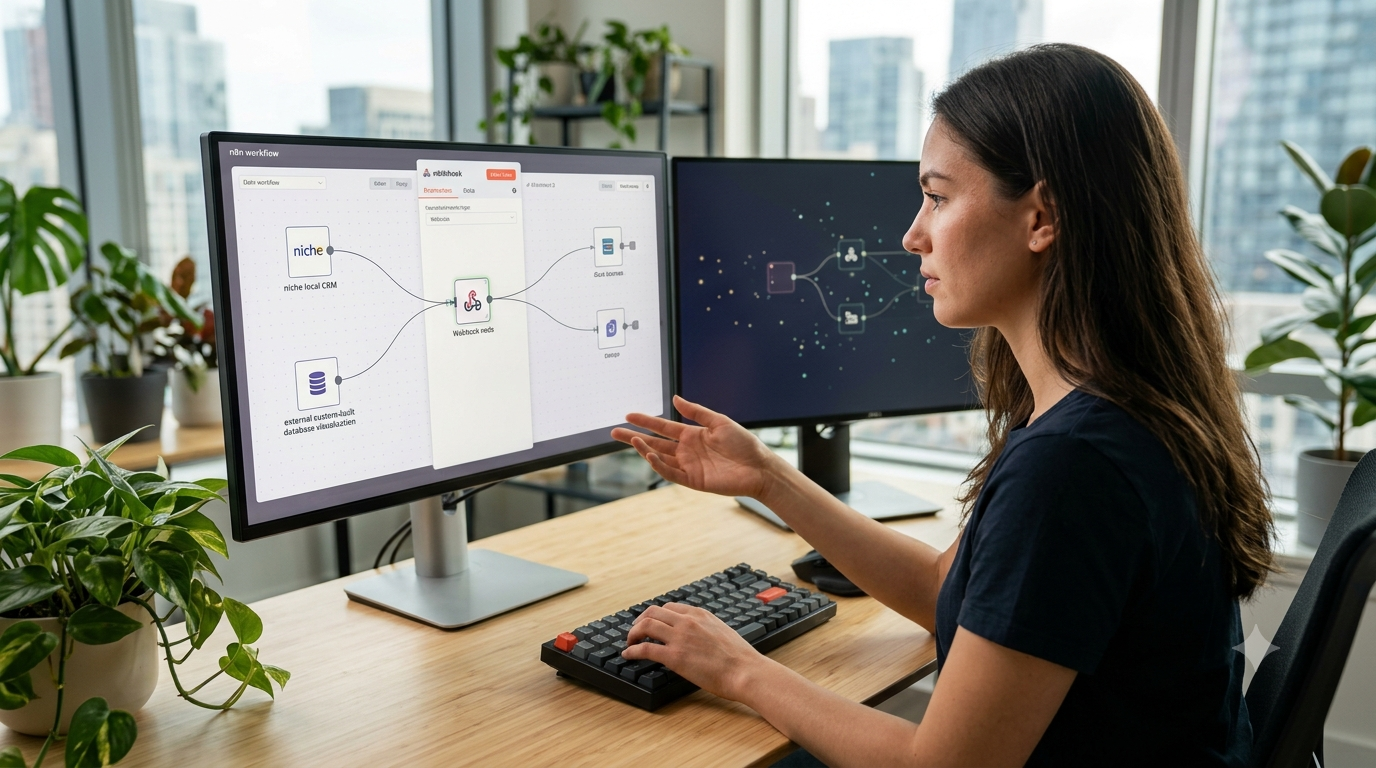 A premium, ultra-realistic 4K photograph capturing a creative workspace setup within a bright city apartment. A focused female automation engineer analyzes a custom web-app architecture on a large desktop monitor, detailing a webhook node connecting a niche CRM and external database without pre-built integrations. Natural daylight illuminates the desk, highlighting the textured keys of a mechanical keyboard and vibrant green house plants, with strategic empty space left for text overlay.