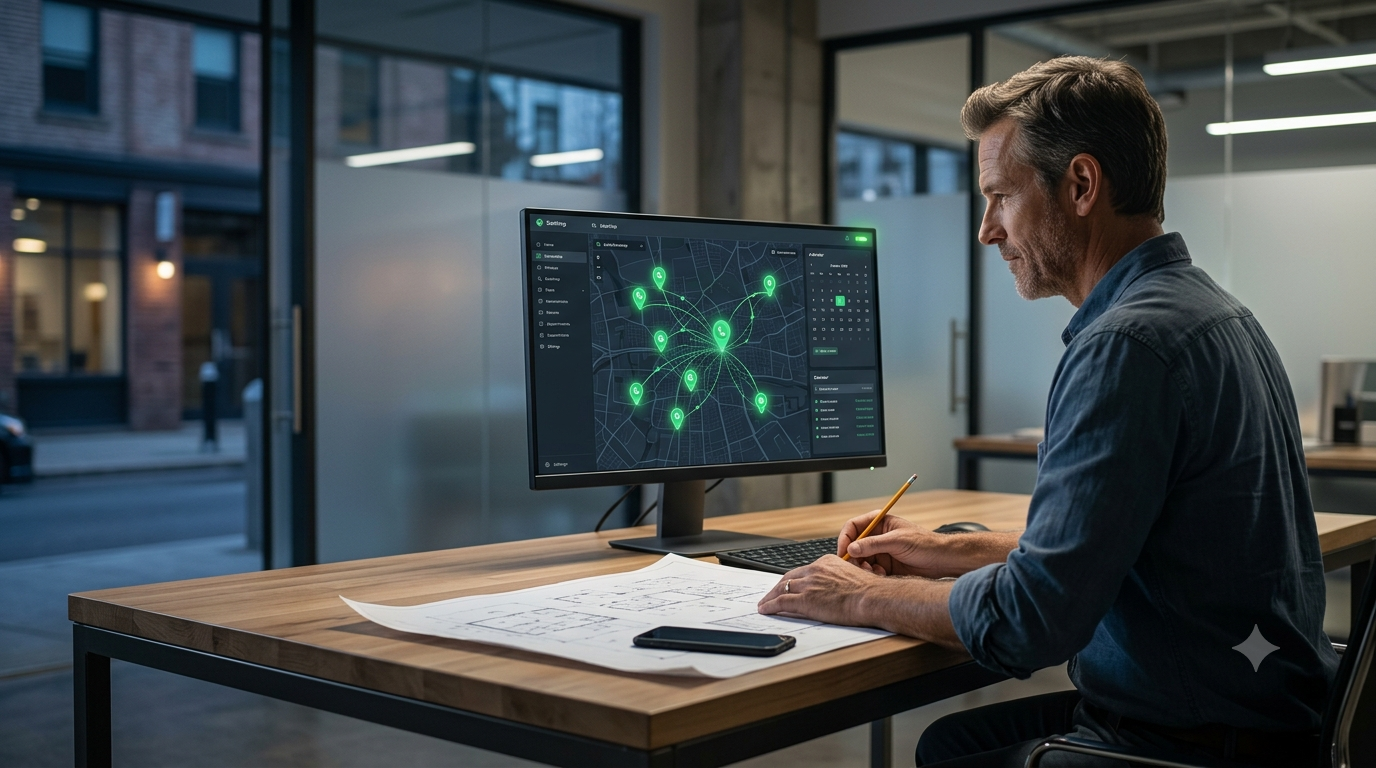 A hyper-realistic 4K commercial advertisement photo taken inside a local construction service company at dusk. The weathered business owner, working peacefully at a blueprint-covered desk, looks with a relieved expression at a large desktop monitor displaying an active service dashboard interface. Glowing green lines and markers map customer bookings automatically handling inbound calls, visualized as connected data streams to different parts of the city through the large background window. The composition is over-the-shoulder from the office interior, leaving balanced strategic empty space on the left and upper parts for a text overlay. The office is bustling with subtle construction details but organized. Cinematic depth of field and professional DSLR quality with natural shadows and reflections. Award-winning advertising photography.