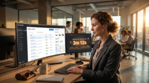 A professional female customer support agent working efficiently on a dual-monitor setup with Gorgias helpdesk tickets and an e-commerce order sidebar in a premium office setting during dusk.