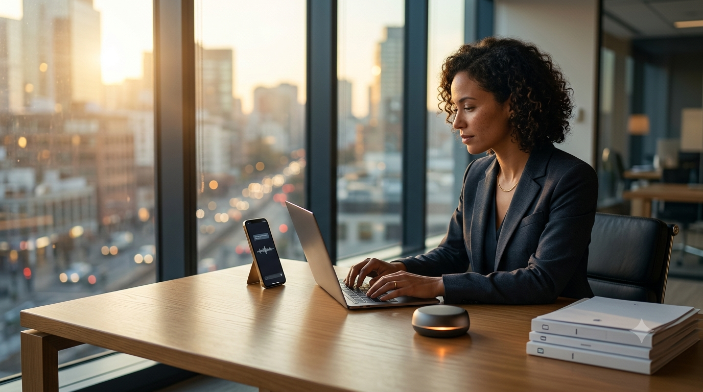 A professional female business owner working calmly at a wooden desk in a modern high-rise office during sunset, managing automated customer chat flows on her smartphone, representing reduced ticket volume.