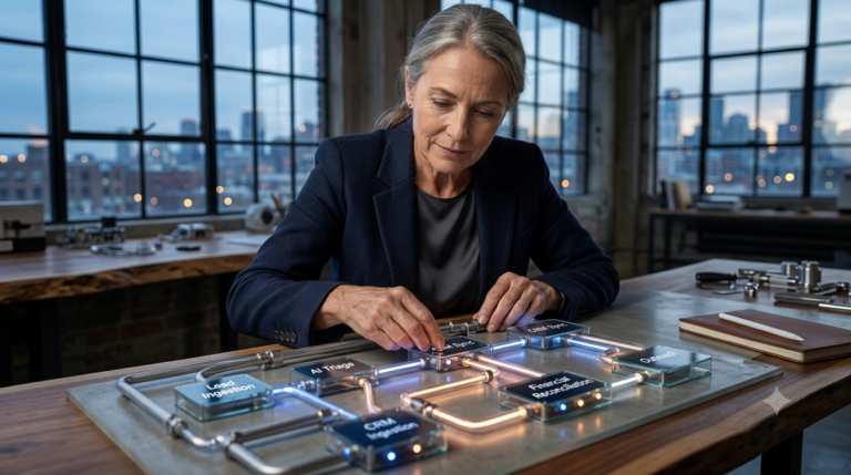 A female professional adjusts a glowing physical model of connected business processes in a modern office at evening, visualizing autonomous business architecture on Make.com.