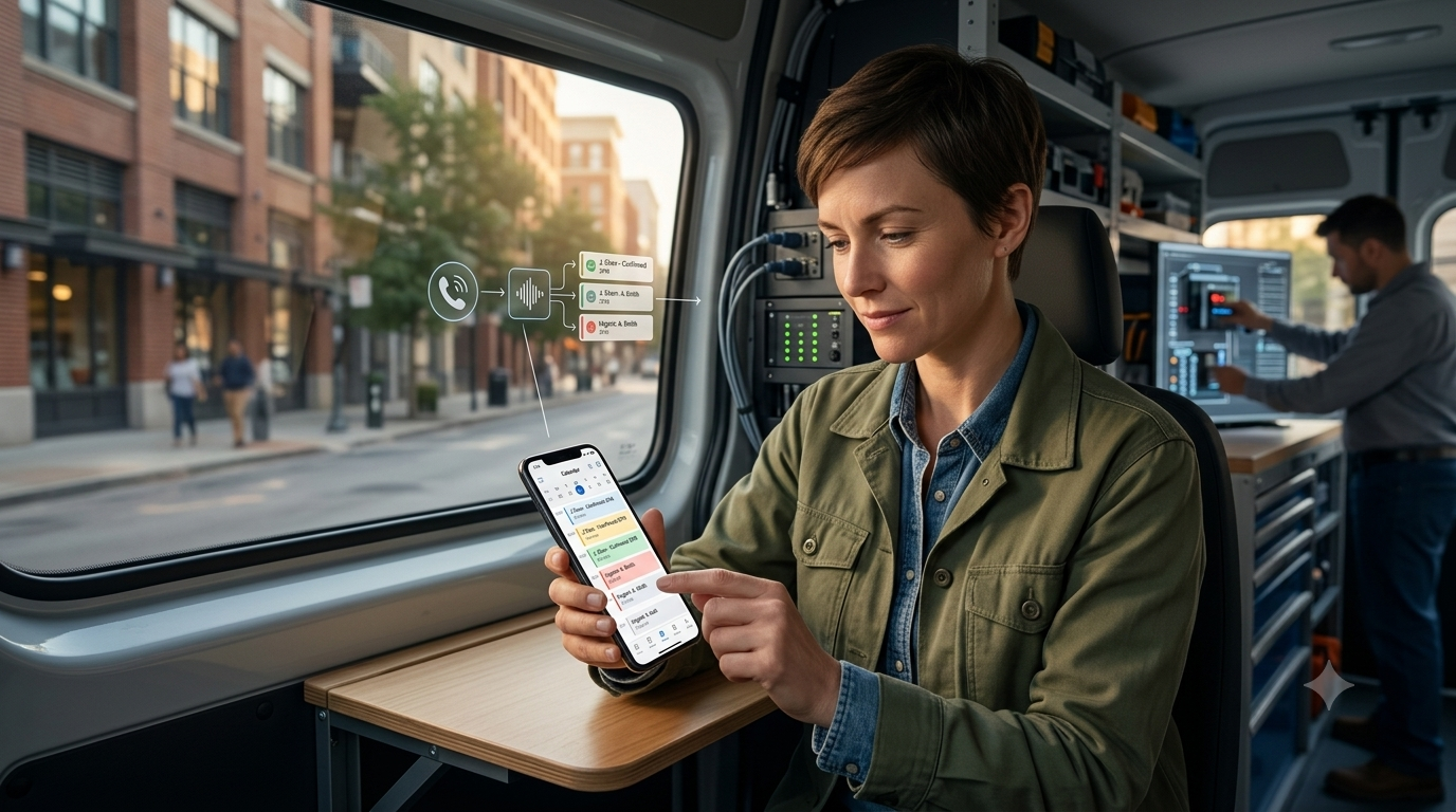 A premium 4K commercial-style photograph showcasing a relaxed female small business owner sitting at a custom wooden desktop inside a highly organized, modern mobile service van workspace. She is focused on her smartphone screen, which displays live customer appointment data. In the background, a technician works seamlessly on a equipment panel setup. Natural golden hour sunlight streams through the large side windows, framing a blurred urban street view outside. The composition offers an elegant, cinematic depth of field with ample negative space on the left side for a potential digital headline overlay.