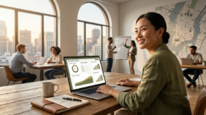 A smiling female small business owner working on a laptop displaying verified enterprise B2B lead generation metrics in a bright modern coworking space.
