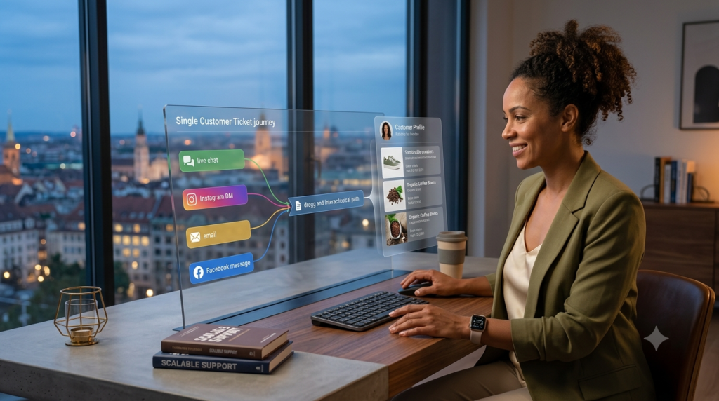 An e-commerce entrepreneur calmly managing a streamlined unified customer support screen during blue hour in a modern office.